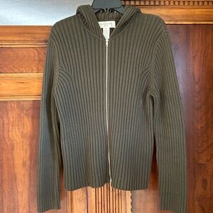 Jones New York Sport Olive Green Cotton Rib Knit Sweater With Hood, Size XL